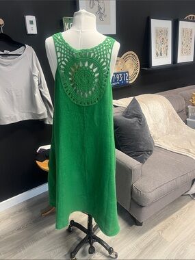 100% Linen Sleeveless High-Low Dress in Green Fits Sm-XL